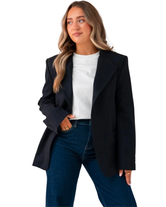 Love Laura Pinstripe Mandarin Collar Blazer in Navy