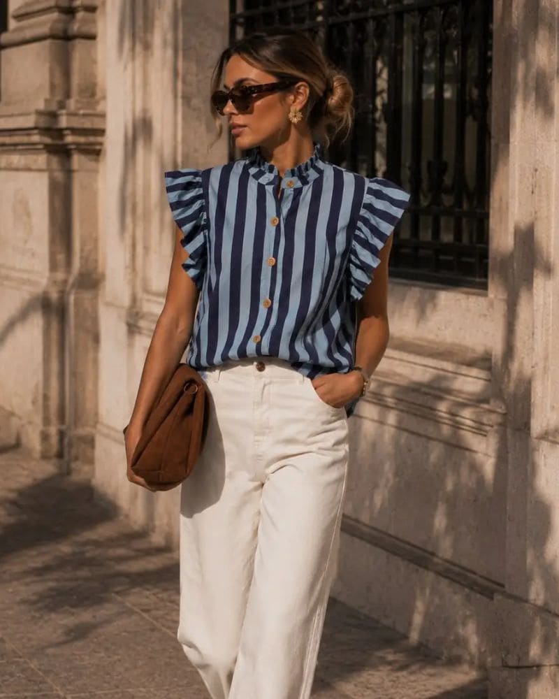 Ella Sleeveless Ruffled Striped Shirt Navy