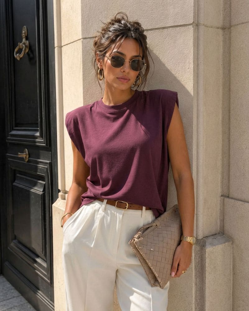 Ebony Sleeveless T-Shirt with Structured Shoulders - Plum