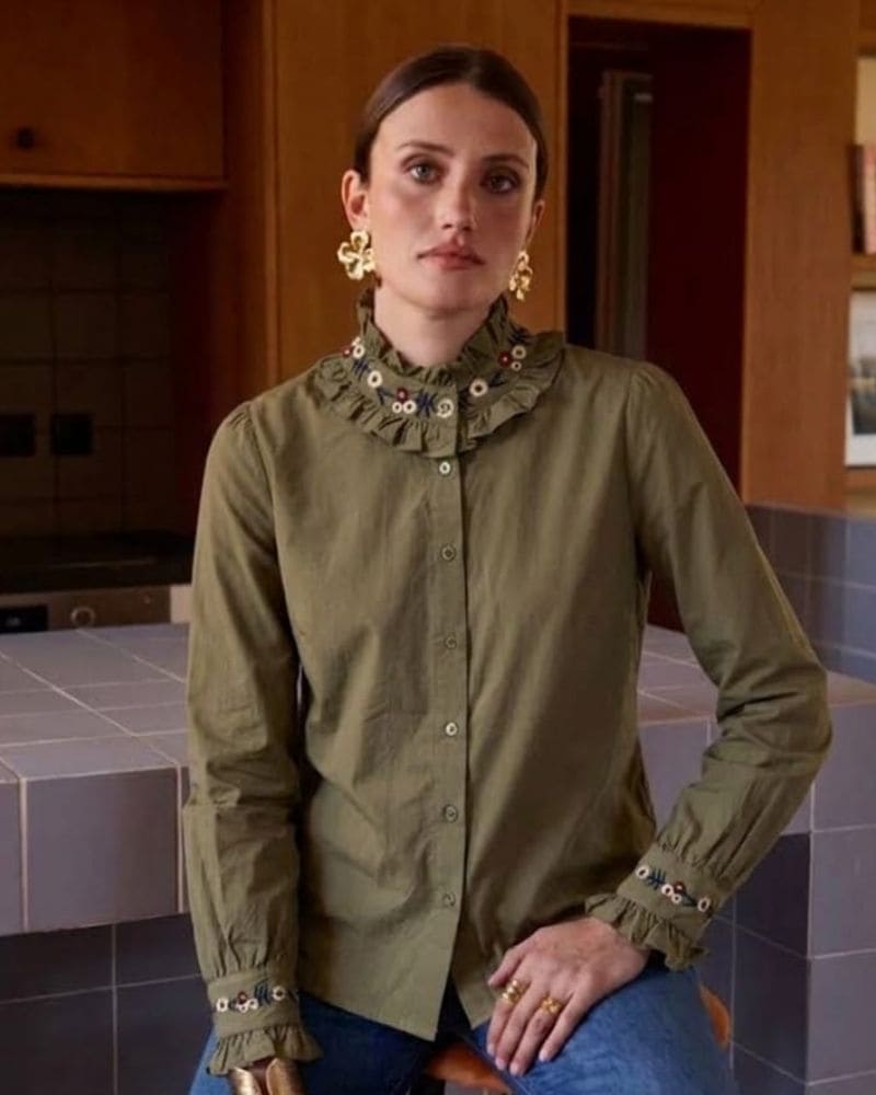 Katie Embroidered Collar Green Blouse