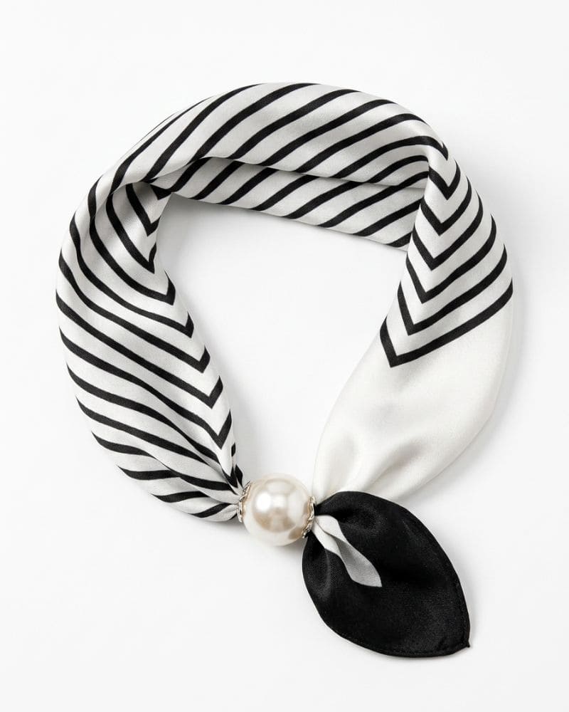Lucy satin magnetic scarf with pearl clasp in black and white stripes