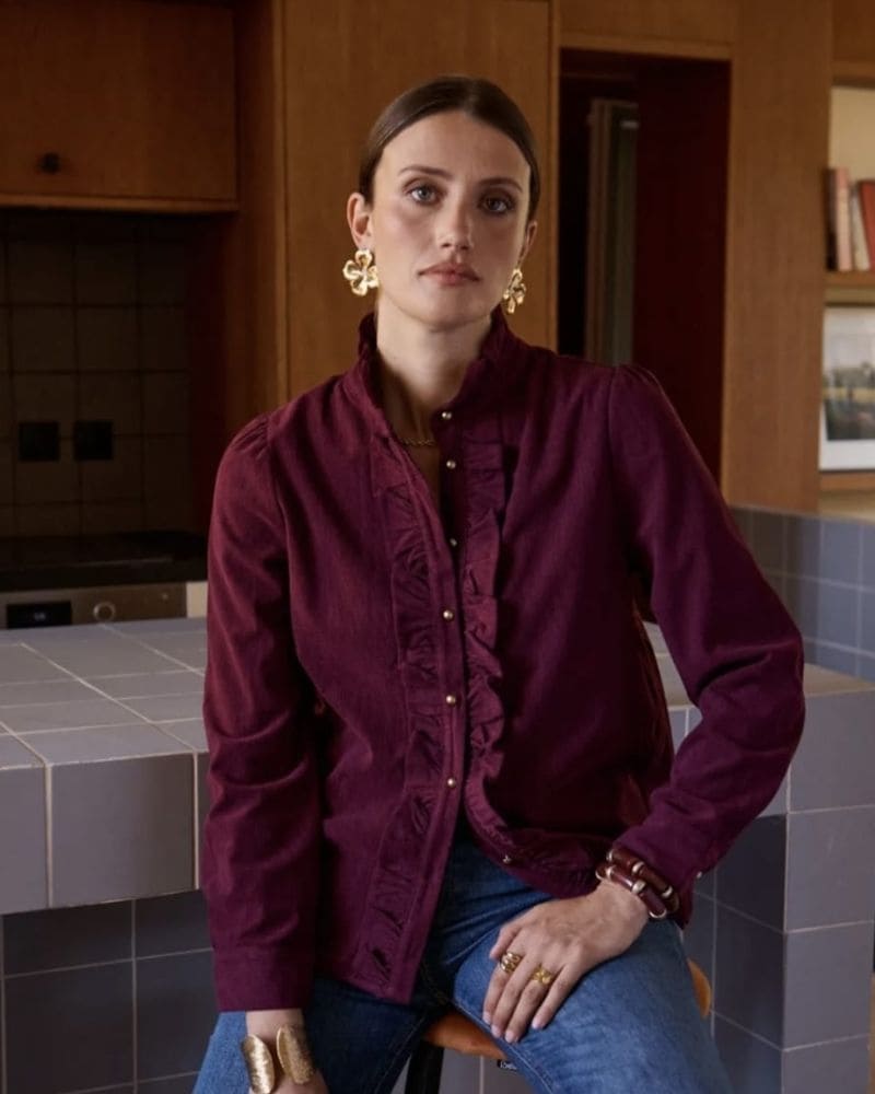 Model wearing the April Cord Wine Blouse