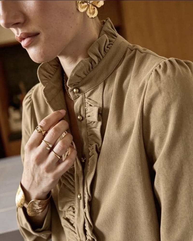 Close up of the ruffle collar on the April Cord Taupe Blouse