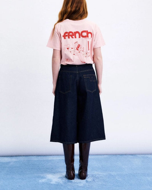 Back view of FRNCH SARAKINIKO navy blue Bermuda shorts with patch pockets