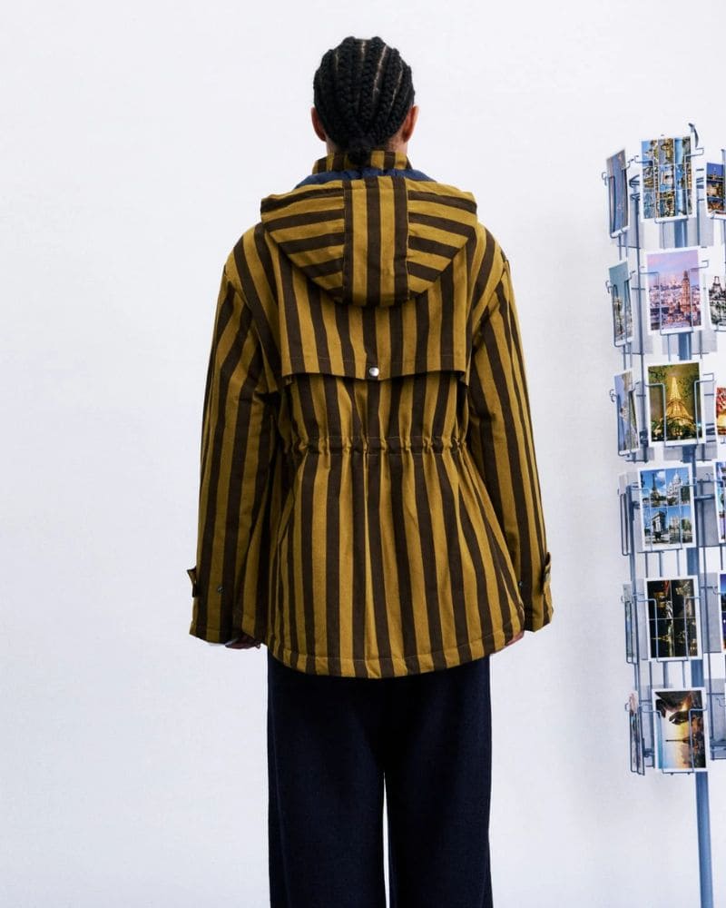 Back view of FRNCH CATBELLS olive hooded jacket with hood and drawstring waist