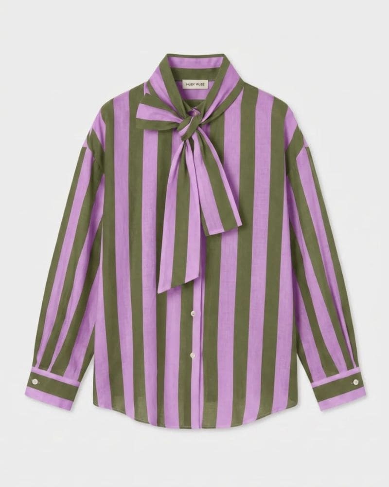 Aliyah Striped Tie-Neck Shirt - Olive and Lilac