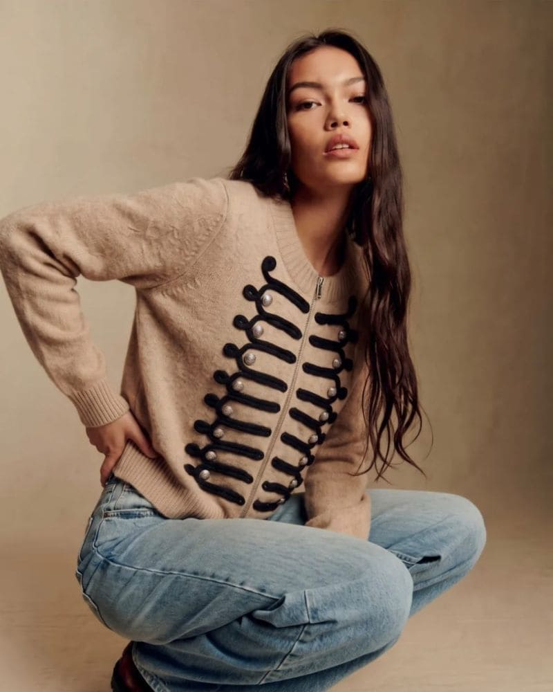 Veronica beige textured knit cardigan with black decorative front detailing