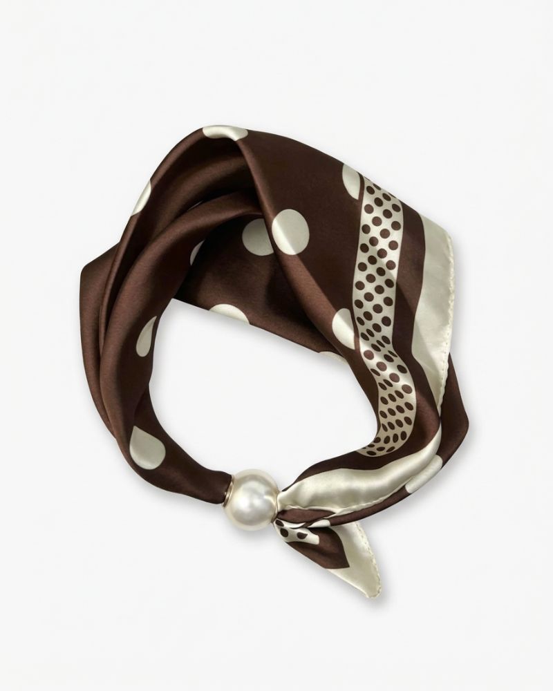 Stella magnetic scarf in chocolate brown and cream with polka dot print and pearl-style clasp