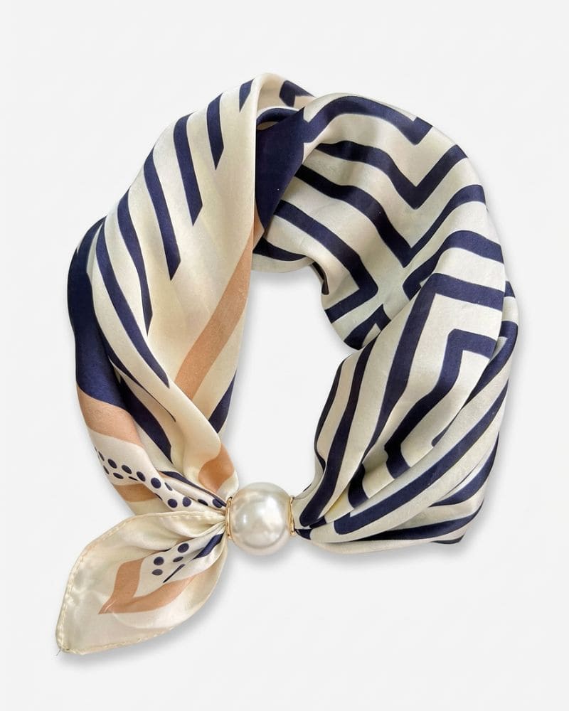 Layla beige magnetic scarf with striped design and pearl-style clasp