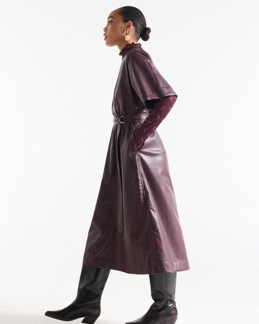 Linn Wine-Red Leather-Look Wrap Dress