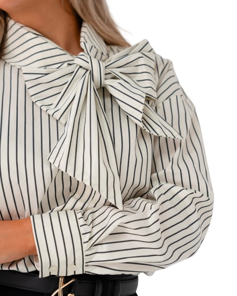 Love Laura Pinstripe Bow Blouse in Black and White