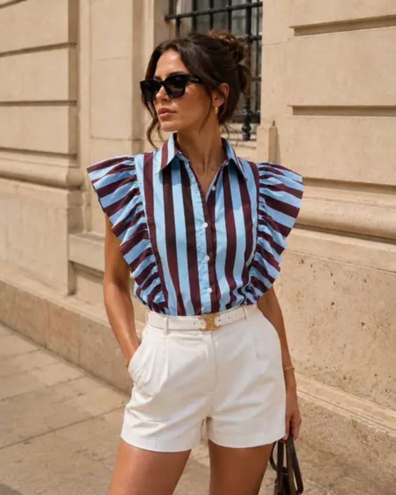 Ella Sleeveless Ruffled Striped Shirt