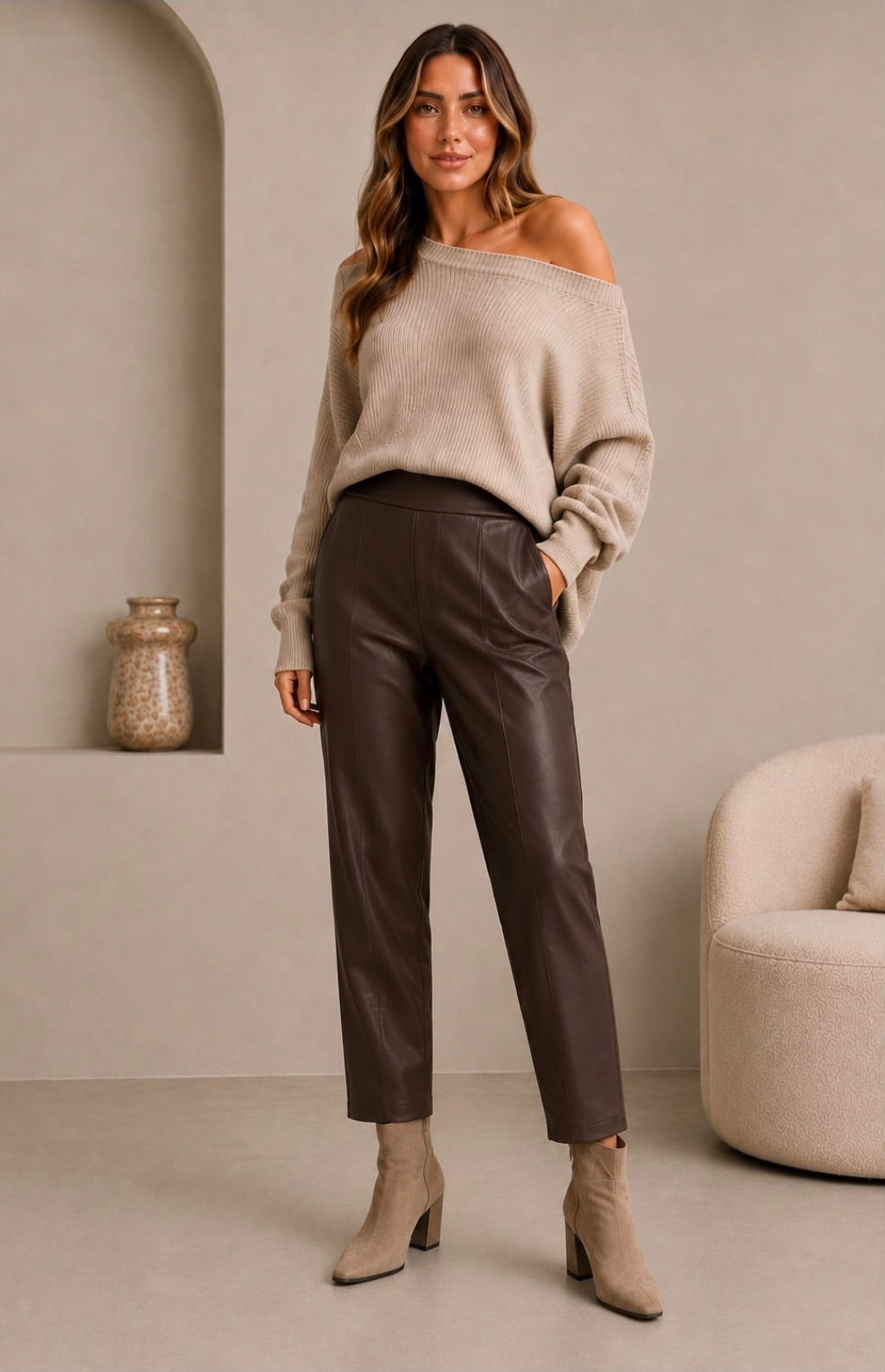 Darling Faux Leather Barrel Leg Trousers Chocolate Brown
