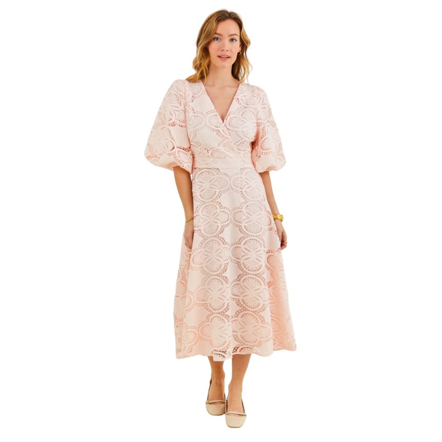 Saffron Midi Dress in Soft Pink | Lace V-Neck Midi Dress