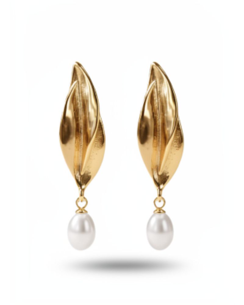 Niamh Gold Leaf Pearl Drop Earrings