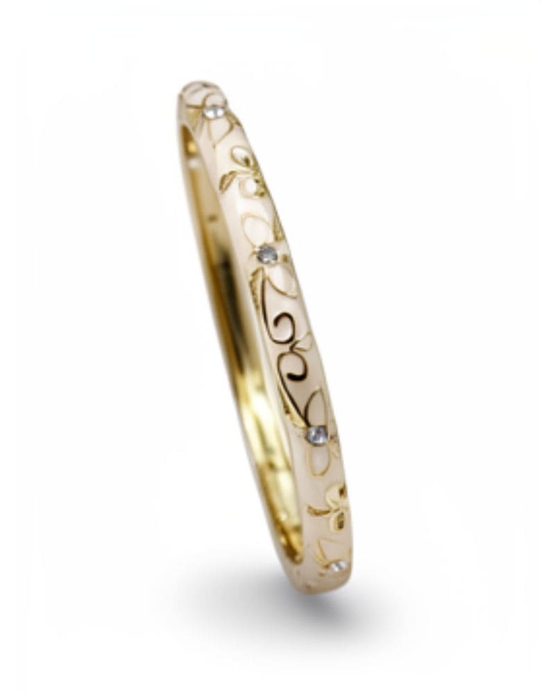 Emma Gold Floral Engraved Bangle Ecru
