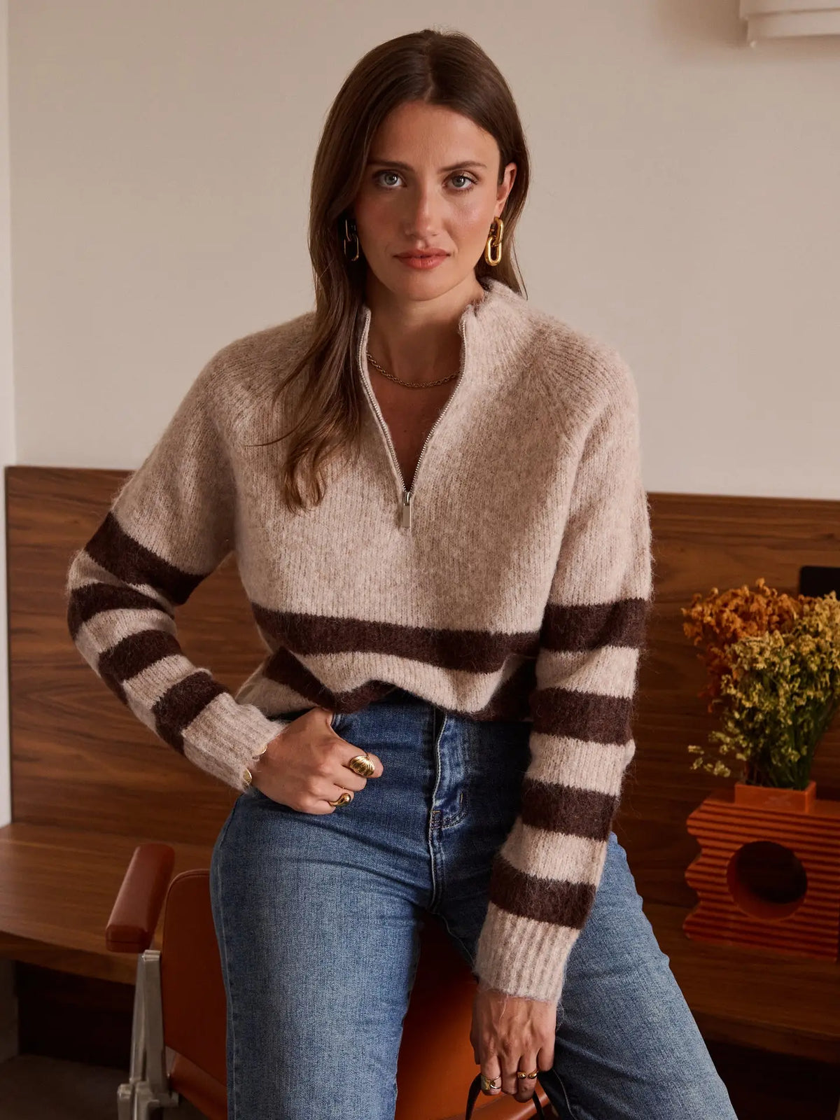 Una Striped Zip Sweater - Taupe