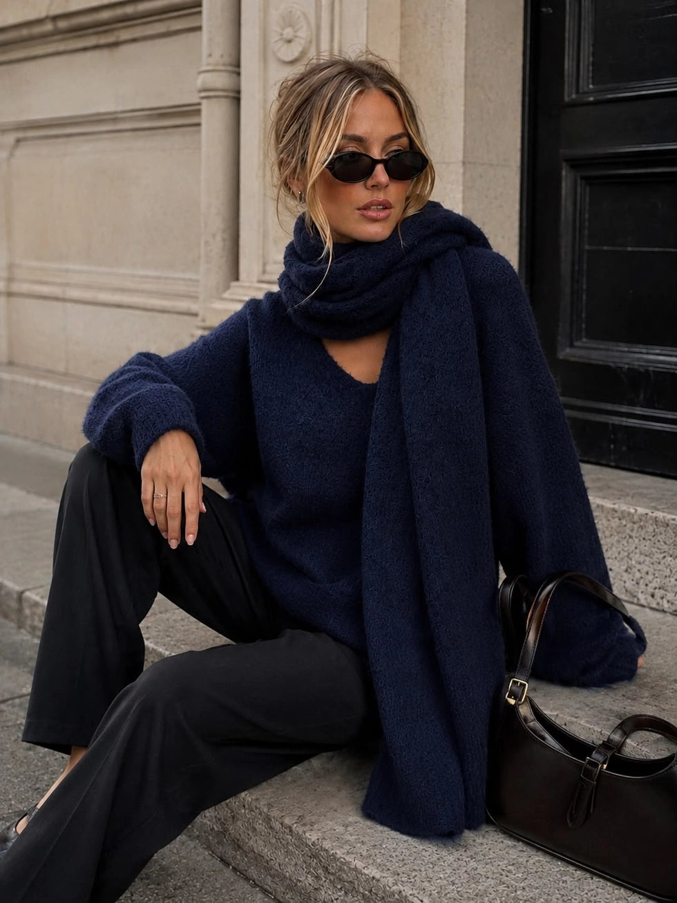 Erica V-Neck Knit Sweater with Matching Scarf - Navy