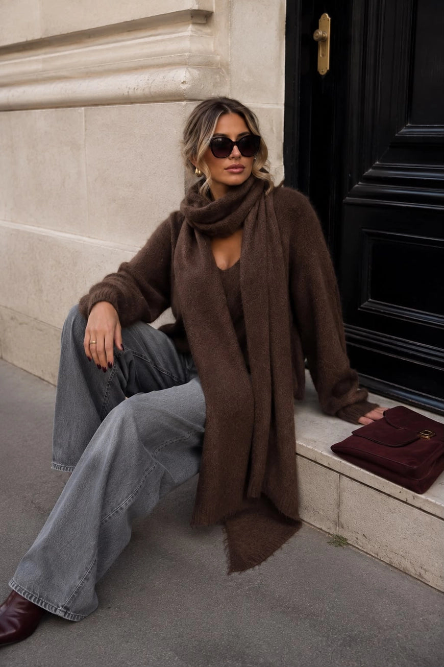 Erica V-Neck Knit Sweater with Matching Scarf - Brown