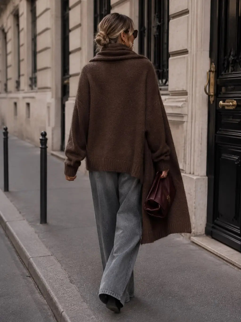 Erica V-Neck Knit Sweater with Matching Scarf - Brown