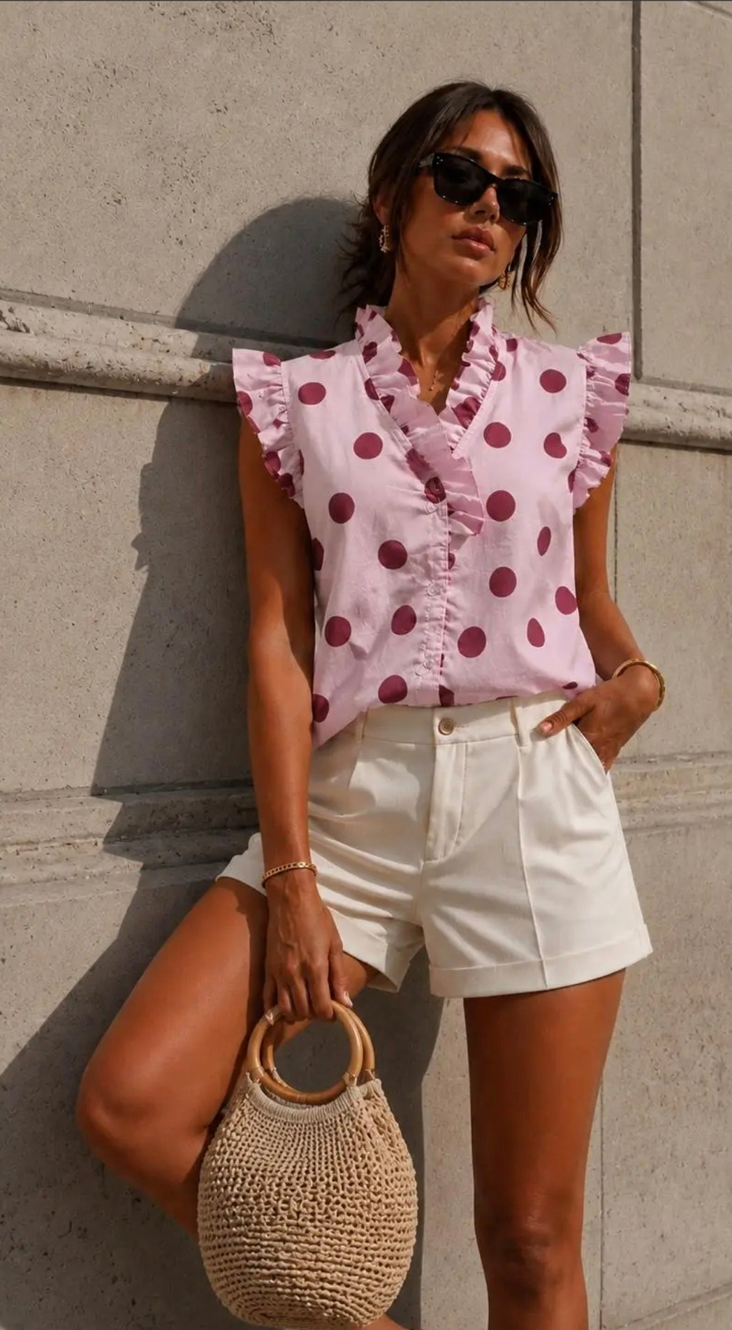 Elaine Polka Dot Ruffle Sleeveless Blouse PINK