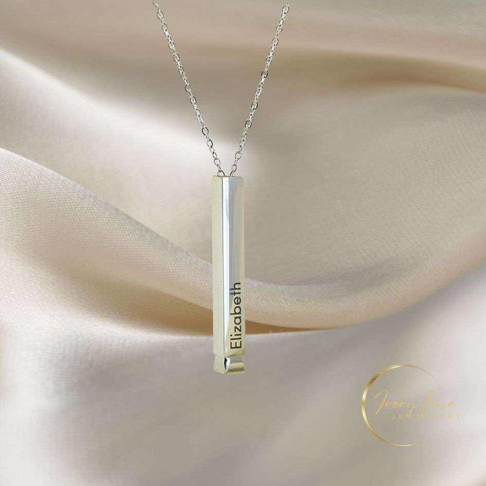 Momentous Collection Engravable Hidden Message 3D Vertical Bar Pendant Silver