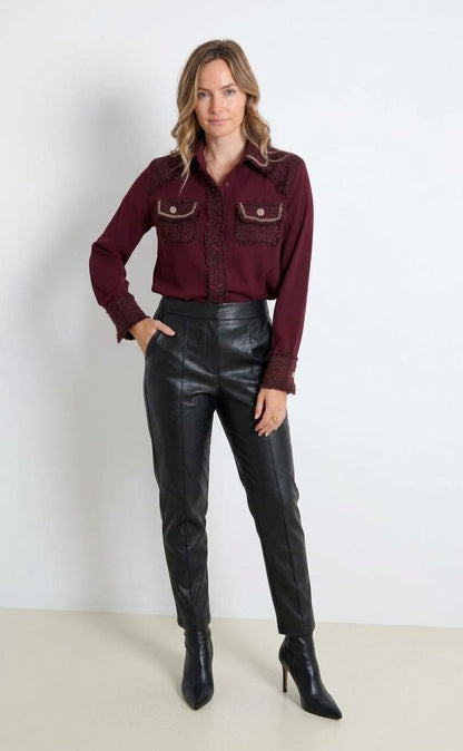 Lia Tweed Accent Blouse - Burgundy
