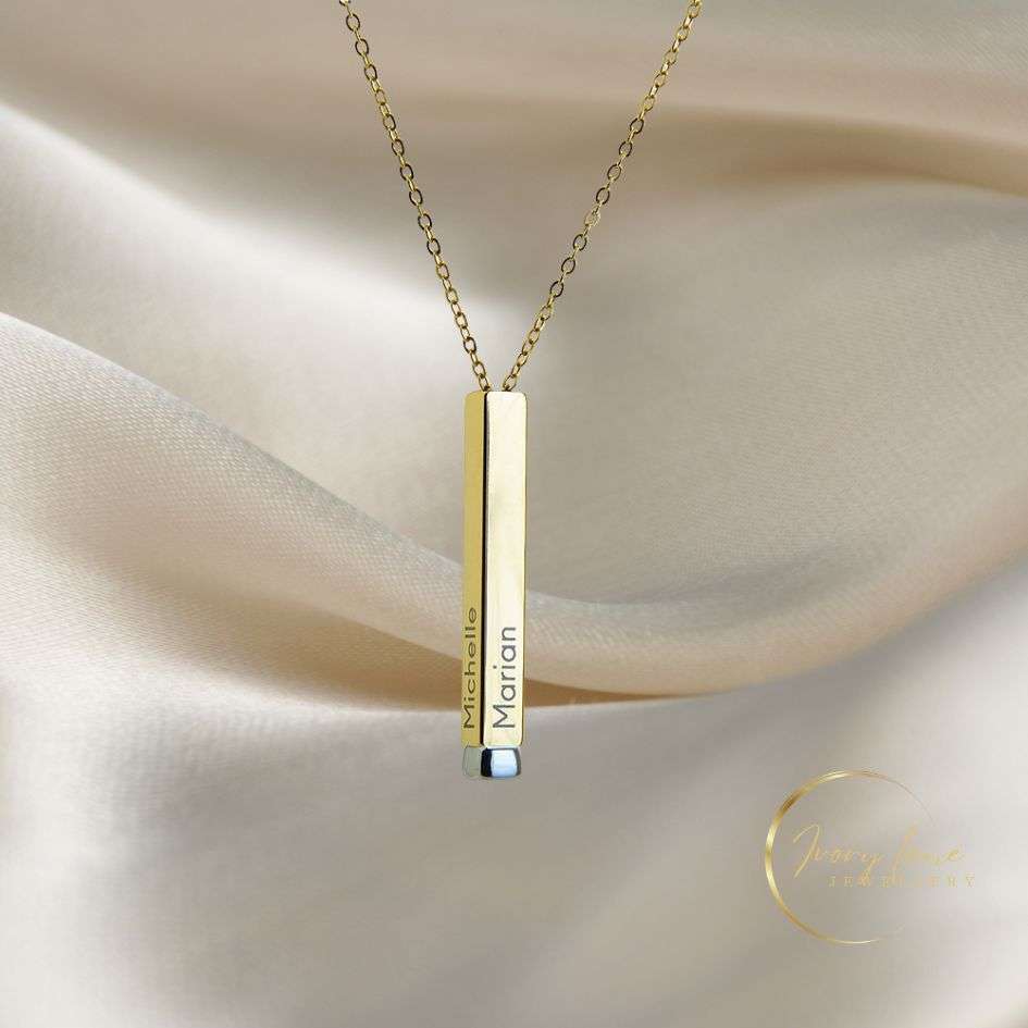Momentous Collection Engravable Hidden Message 3D Vertical Bar Pendant Gold