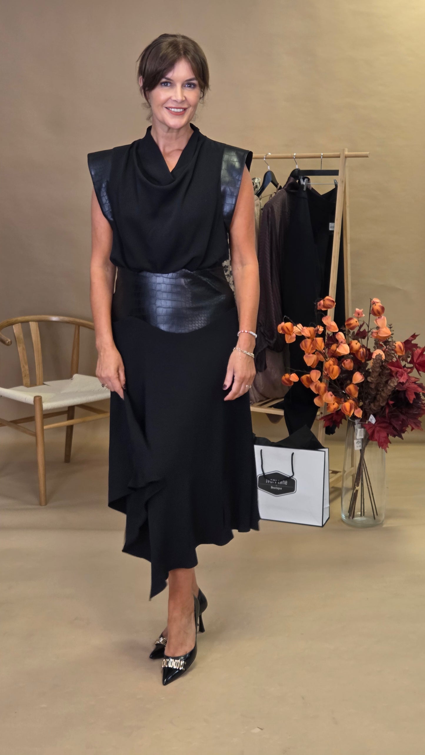 Kameya Kara Dress with Leather Detail - Black