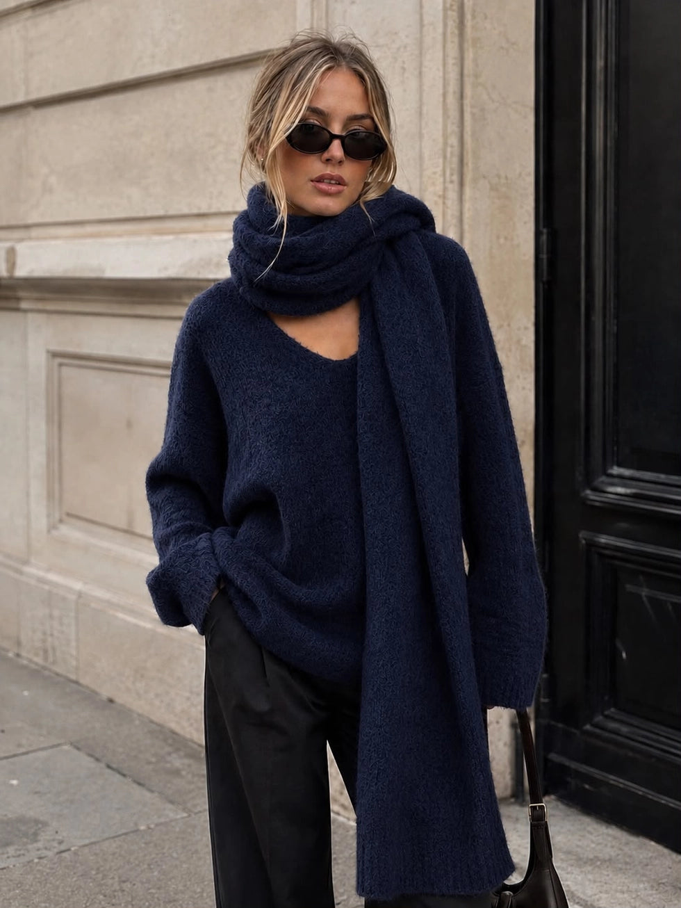 Erica V-Neck Knit Sweater with Matching Scarf - Navy