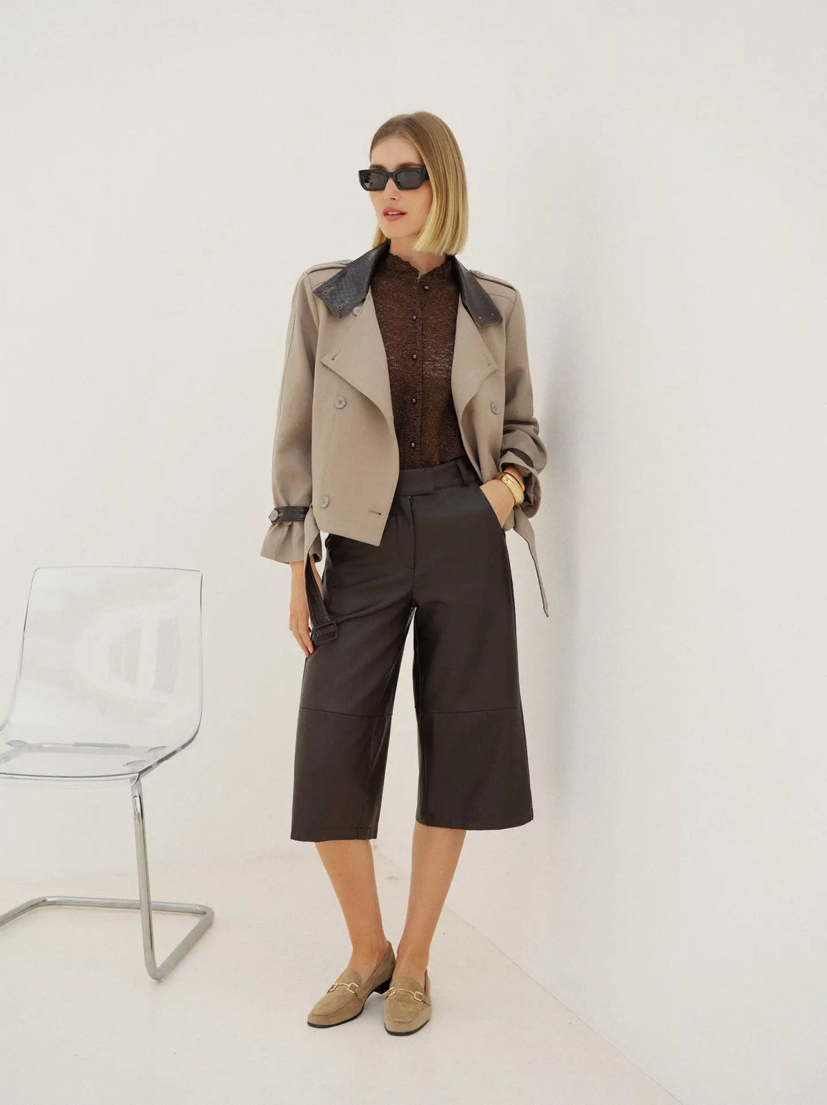 Eden Mixed-Material Cropped Trench - Beige