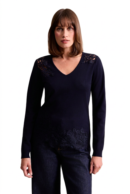 Leo & Ugo Fany Lace Knit Top in Navy