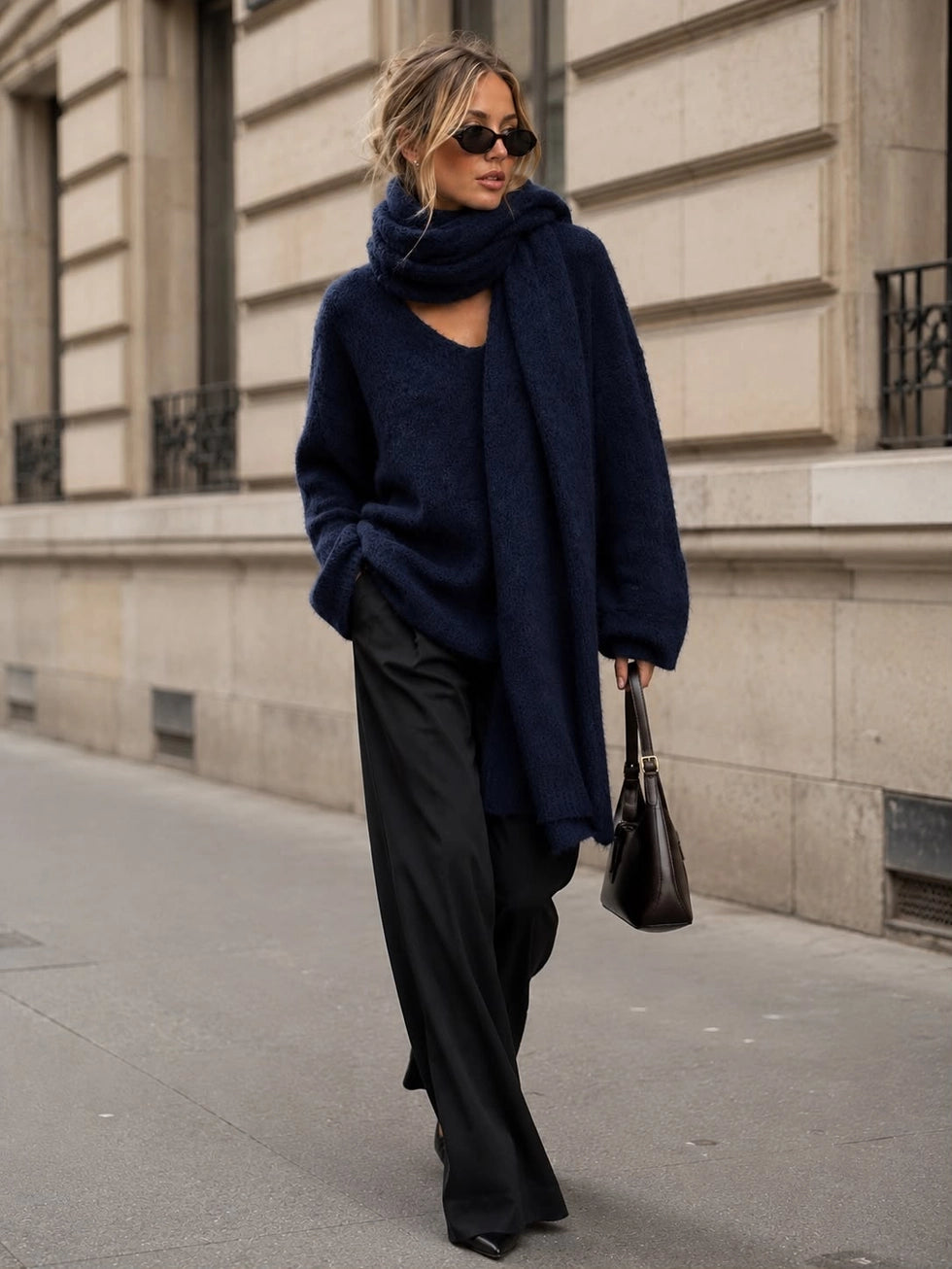 Erica V-Neck Knit Sweater with Matching Scarf - Navy