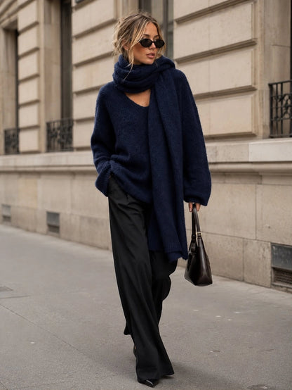Erica V-Neck Knit Sweater with Matching Scarf - Navy