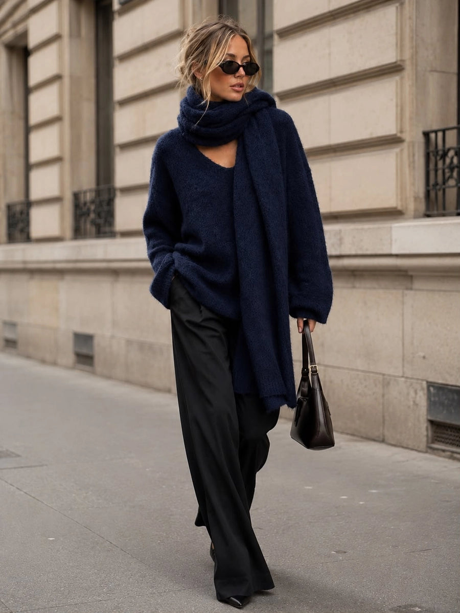 Erica V-Neck Knit Sweater with Matching Scarf - Navy