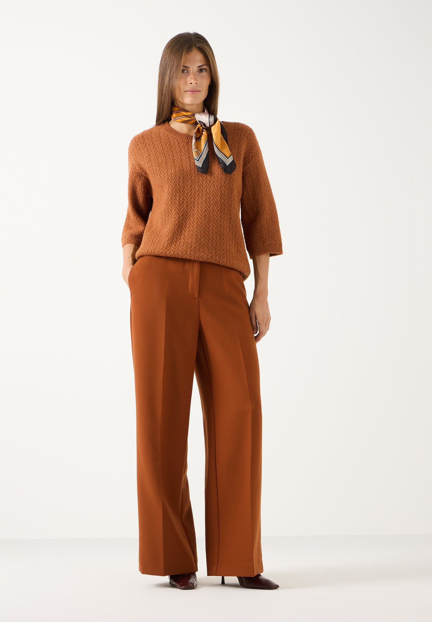 More & More Short Sleeve Cable Knit Sweater - Cinnamon