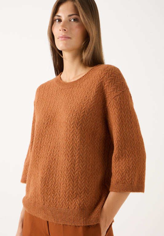 More & More Short Sleeve Cable Knit Sweater - Cinnamon
