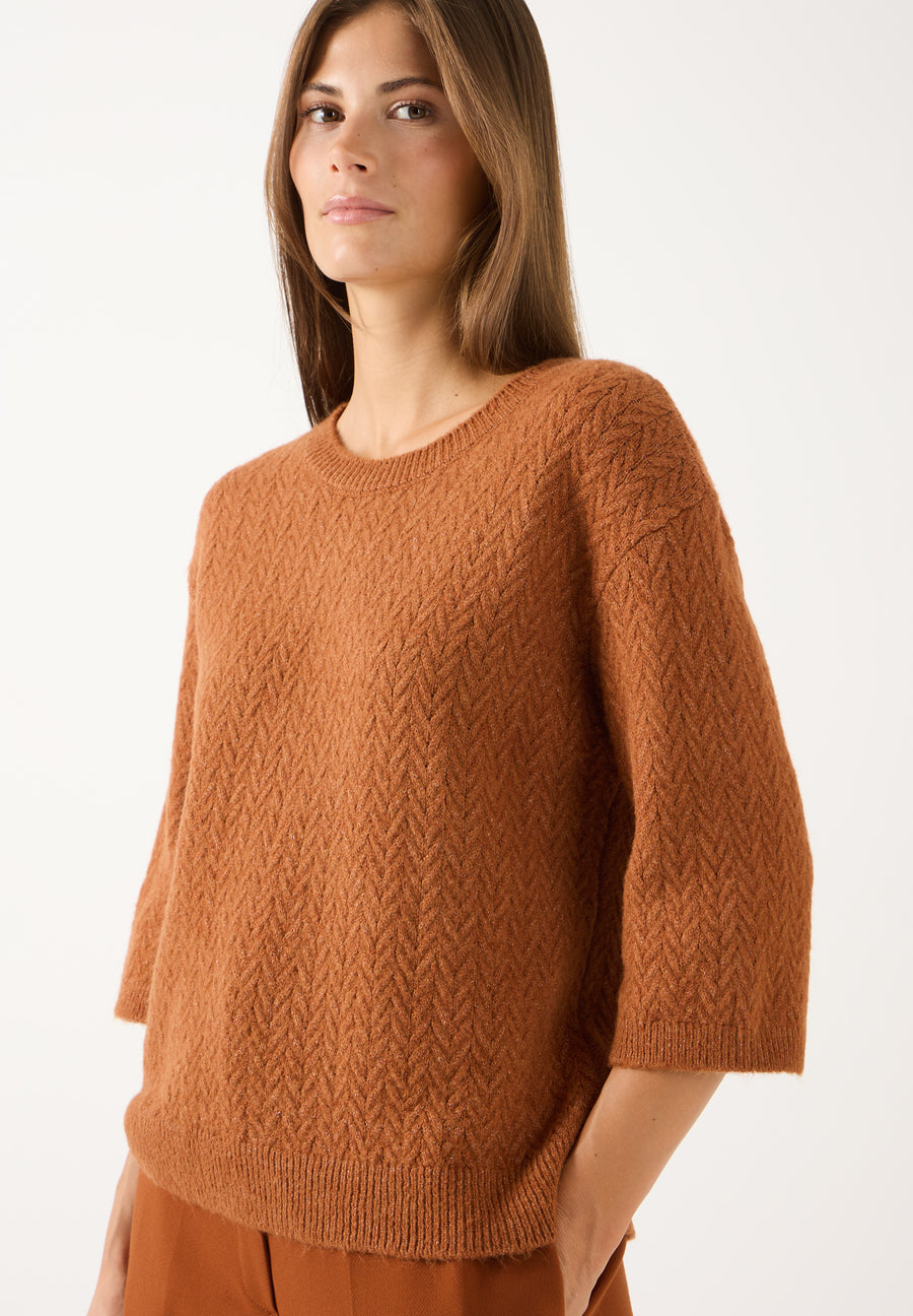 More & More Short Sleeve Cable Knit Sweater - Cinnamon