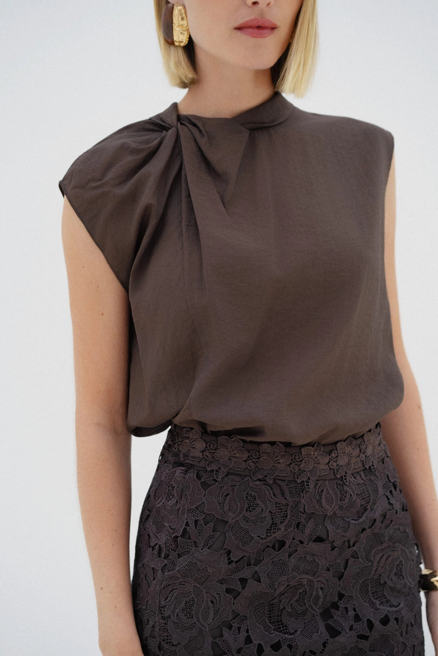 Lottie Twist Neck Top - Brown