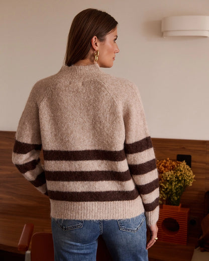 Una Striped Zip Sweater - Taupe