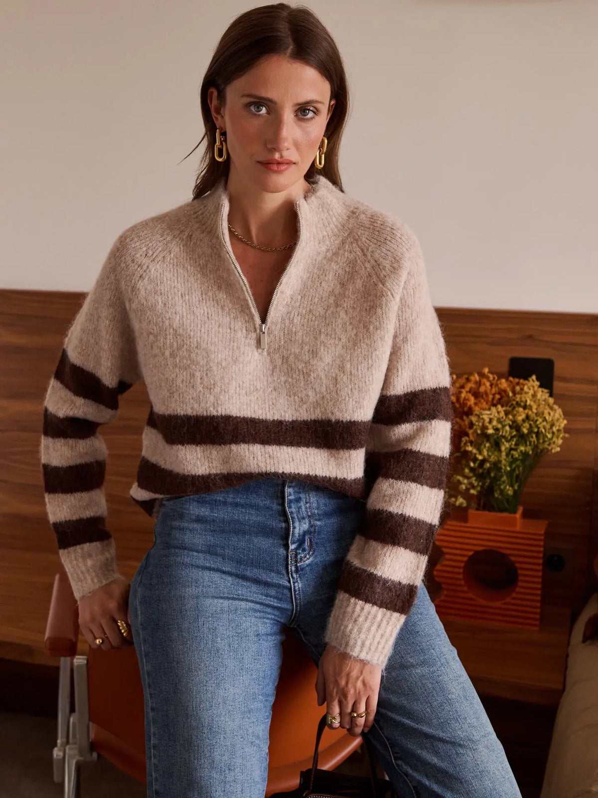 Una Striped Zip Sweater - Taupe