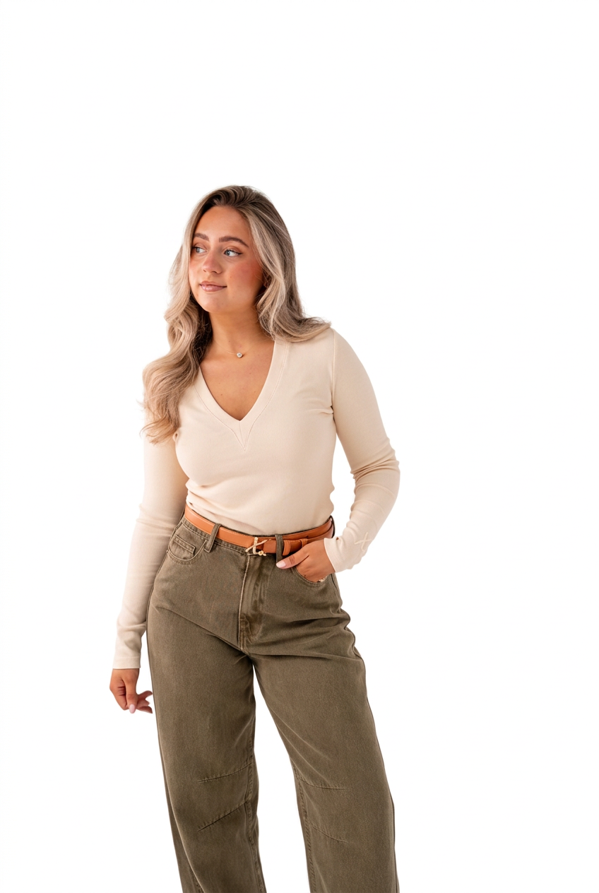Love Laura V Neck Ribbed Base Top in Cream