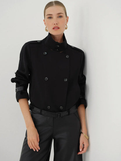 Eden Mixed-Material Cropped Trench - Black