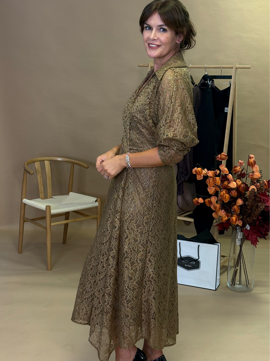 Kameya Kanta Dress with Lace Patterned Waist Detail - Brown