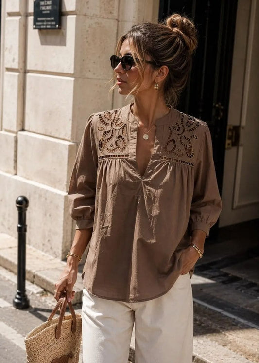 Serena Embroidery Blouse Brown
