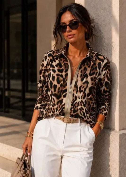 Jacqueline Zip Up Shirt Leopard