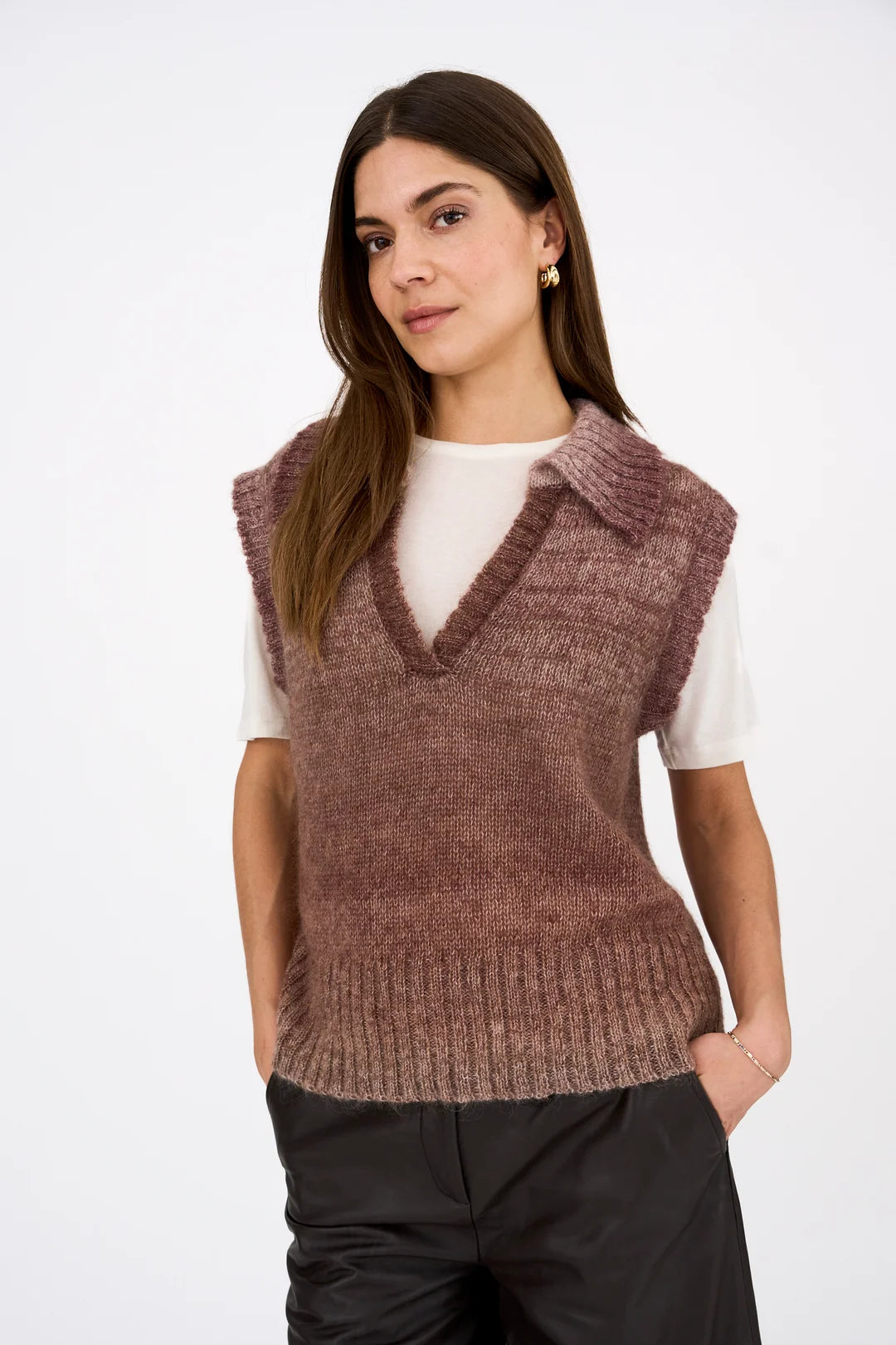 Pieszak Nanna Split Collar Vest Knit - Black Coffee Melange