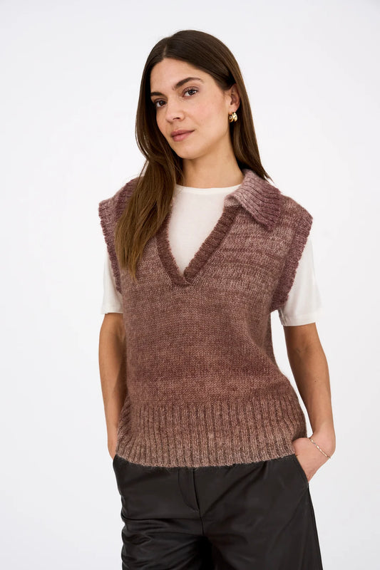 Pieszak Nanna Split Collar Vest Knit - Black Coffee Melange