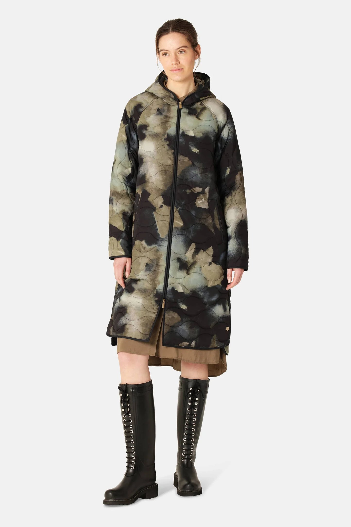 Ilse Jacobsen Long Quilt Jacket with Hood - Moss Print