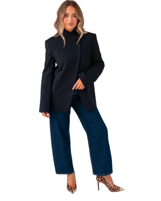Love Laura Pinstripe Mandarin Collar Blazer in Navy